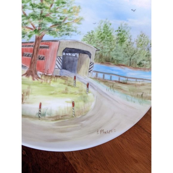 Hand-painted Red Covered Bridge Scene Decorative Plate Decor Trees Birds - Picture 3 of 4